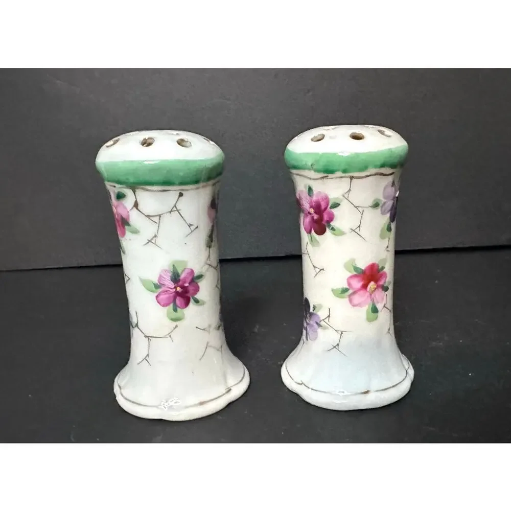 Pair Hand Painted Hat Pin Holders Floral Design VIOLETS Green Gold Trim